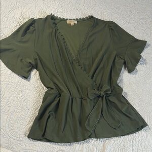 Lavish Green Flutter Sleeve Wrap Blouse